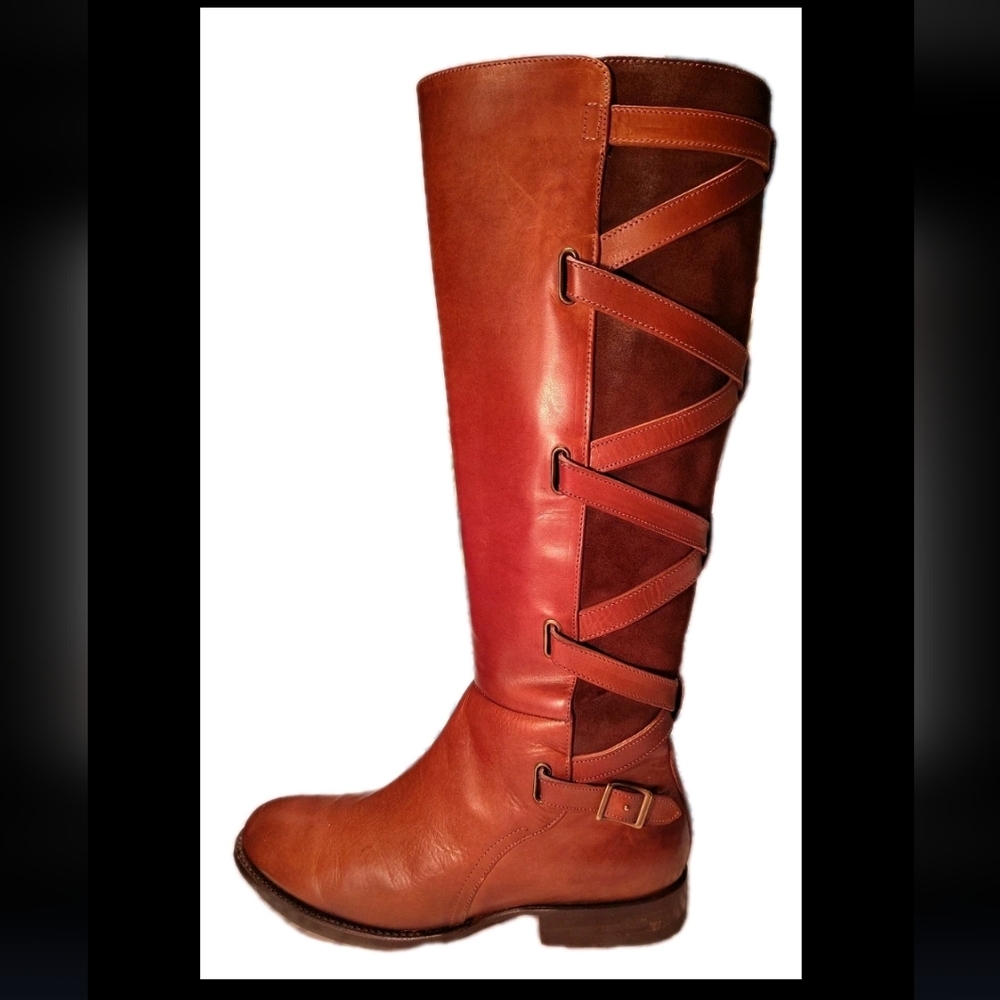 Frye Jordan Leather And Suede Cross Strap Riding Boots - Picture 12 of 16